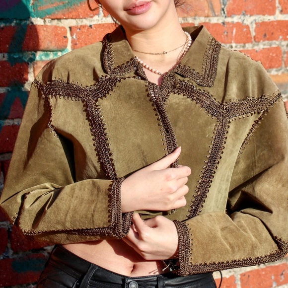 Vintage Olive Green Cropped Suede Leather Jacket - Picture 6 of 8